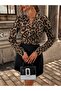 New Season Women's Long Sleeve Double Breasted Collar Top Leopard Pattern Bottom Crepe Dress - 3