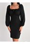 Women's Black U-Neck Lace Detail Balloon Sleeve Wrap Fabric Graduation Wedding Dress