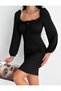 Women's Black U-Neck Lace Detail Balloon Sleeve Wrap Fabric Graduation Wedding Dress - 4