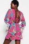 Floral Patterned Woven Ruffled 100% Cotton Beach Mini Dress TBESS23EL00030 - 3