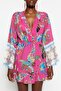 Floral Patterned Woven Ruffled 100% Cotton Beach Mini Dress TBESS23EL00030 - 5