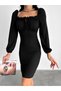 Women's Black U-Neck Lace Detail Balloon Sleeve Wrap Fabric Graduation Wedding Dress - 6