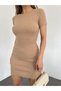 Women's Camisole Crew Neck Short Sleeve Ribbed Mini Dress Camel - 7