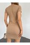 Women's Camisole Crew Neck Short Sleeve Ribbed Mini Dress Camel - 9