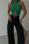 New Season Sleeveless Design Chain Lace-Up Low-Cut Round Neck Green Crop Green Blouse 23S15003