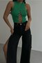 Women's Shiny Chain Lace-Up Chest-Length Round Neck Sleeveless Green Crop Green Blouse 23s15003 - 2