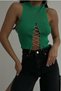 Women's Shiny Chain Lace-Up Chest-Length Round Neck Sleeveless Green Crop Green Blouse 23s15003