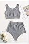 Women's Ribbed Camisole Fabric High Waist Gray Bra Panty Set - 2