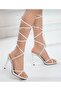 Women's White Thin Single Strap Heel Sandals Shoes Ankle Lace Up Cross High Pointed Evening Dress - 2