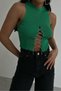Women's Shiny Chain Lace-Up Chest-Length Round Neck Sleeveless Green Crop Green Blouse 23s15003 - 3