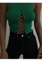 Women's Shiny Chain Lace-Up Chest-Length Round Neck Sleeveless Green Crop Green Blouse 23s15003 - 4