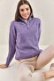 Women's Light Lilac Zippered Turtleneck Oversize Knitwear Sweater 20223202 - 3