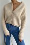 Women's Beige Crew Neck Gold Buttoned Teddy Cardigan - 5