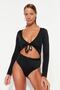 Black V-Neck Cut Out Detailed Long Sleeve High Leg Swimsuit Tbess23Ma00018 - 2