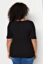 Siyah Fitted Kare Yaka Kaşkorse Örme Büyük Beden Basic T-Shirt TBBSS22BF0027 - 5