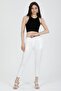 Women's Ecru Elastic Waist Double Pocket Carrot Cut Fabric Trousers
