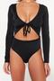 Black V-Neck Cut Out Detailed Long Sleeve High Leg Swimsuit Tbess23Ma00018 - 4