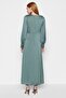 Water Green Satin Evening Dress with Cuffs and Buttons on the Shoulder - 4