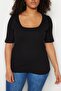 Siyah Fitted Kare Yaka Kaşkorse Örme Büyük Beden Basic T-Shirt TBBSS22BF0027 - 2