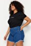 Koyu Mavi Paçası Püsküllü Esnek Skinny Fit Büyük Beden Denim Şort & Bermuda TBBSS23CJ00016