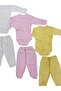 Long Sleeved Gloves, Double Breasted Bodysuit with Snap Fasteners and Booties Bottom (3 Sets Cream-pink-yellow) - 3