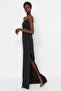 Siyah Dokuma Pencere/Cut Out Detaylı Uzun Gece Abiye Elbise TPRSS23AE00028 - 3