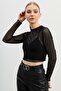 Women's Black Crop Tulle Transparent Blouse - 2