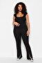 Siyah Skinny Yüksek Bel Paçası Fermuarlı Örme Büyük Beden Pantolon TBBSS23AR00011 - 6