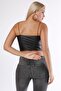 Black Strapless Strapless Sleeve Crop Fit Faux Leather Woven Blouse - 2