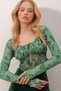 Women's Green Kiss Collar Waist Tulle Detailed Digital Patterned Crop Sandy Blouse ALC-X9872