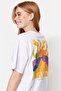 Beyaz %100 Pamuk Ön ve Arka Baskılı Boyfriend Fit Bisiklet Yaka Örme T-Shirt TWOSS23TS00057 - 7