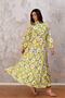 Women's Yellow Floral Balloon Sleeve Skirt Layered Poplin Long Dress - 6