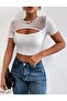 Women's Low-cut Tulle Front Short Sleeve Blouse - 2