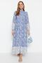 Blue Ethnic Patterned Mandarin Collar Linen-Look Woven Shirt Dress TCTSS23EB00286