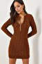 Dark Brown Zippered Braided Knitwear Dress ELB-19001362 - 2