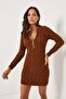 Dark Brown Zippered Braided Knitwear Dress ELB-19001362 - 5