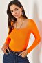 Women's Orange Square Collar Crop Basic Knitwear Blouse BLZ-19001114 - 3