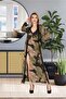 Khaki Green Leaf Patterned Thin Strap Bustier Women's Dressing Gown Set - 2