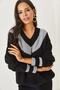 Black V-Neck Glitter Detailed Soft Textured Knit Sweater KZK-19000587