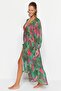 Tropikal Desenli Dokuma Şeritli Maxi Plaj Kimono&Kaftan TBESS23KM00002 - 2