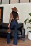 Flare Leg Denim Trousers High Waist Flare Jeans Gathering (Extra Comfortable) - 4