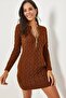 Dark Brown Zippered Braided Knitwear Dress ELB-19001362
