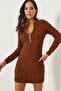 Dark Brown Zippered Braided Knitwear Dress ELB-19001362 - 3
