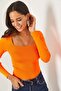 Women's Orange Square Collar Crop Basic Knitwear Blouse BLZ-19001114 - 4