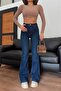 Flare Leg Denim Trousers High Waist Flare Jeans Gathering (Extra Comfortable) - 3