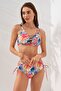 Pink Floral Gathering Cross Banded Triangle Formed Bikini Set with Adjustable Gathering Detail