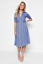 Blue Floral Pattern Belted Midi Woven Viscose Shirt Dress TWOSS20EL1559 - 6
