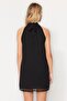 Black Straight Cut Halter Neck Mini Chiffon Lined Woven Dress TWOSS23EL01059 - 6