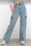Light Snow Blue Cargo Pocket Loose Lycra Super High Waist Wide Leg Jeans - 4