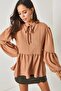 Women's Camel Collar Lace Up Balloon Sleeve Loose Linen Blouse BLZ-19002170